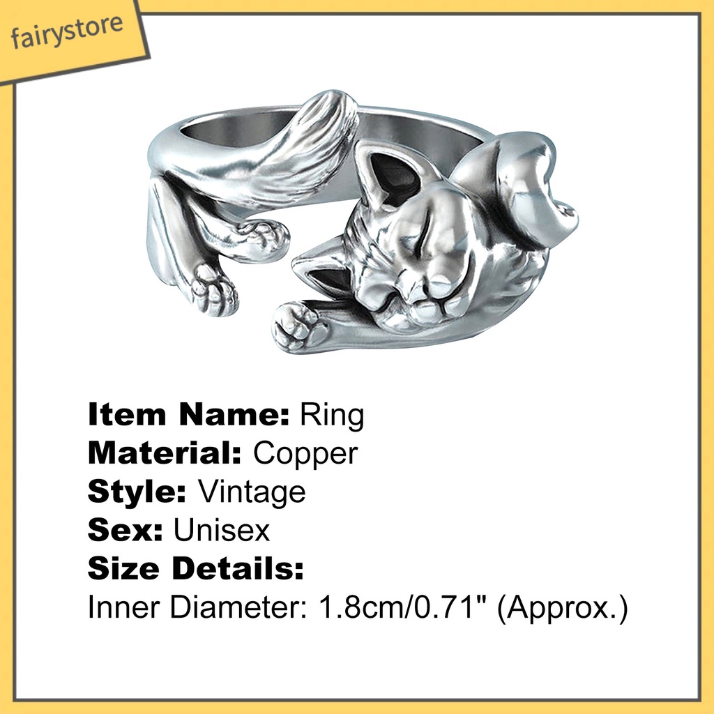 Nhẫn Hở Mạ Bạc Hình Mèo Ngủ Phong Cách Vintage