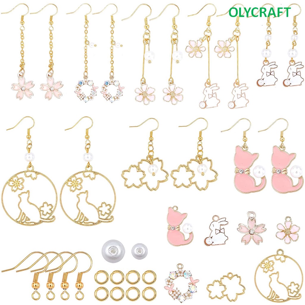 1 hộp 8 đôi bông tai hình hoa anh đào tráng men màu hồng ngọc trai DIY cho nữ