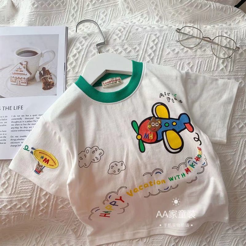 Áo thun tay ngắn thêu hình máy bay hoạt hình dành cho bé trai