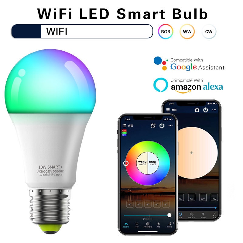 Bóng đèn LED Bulb RGB Wi-Fi thông minh, điều chỉnh 16 triệu mầu, cảm ứng âm nhạc, hỗ trợ Alexa và Google