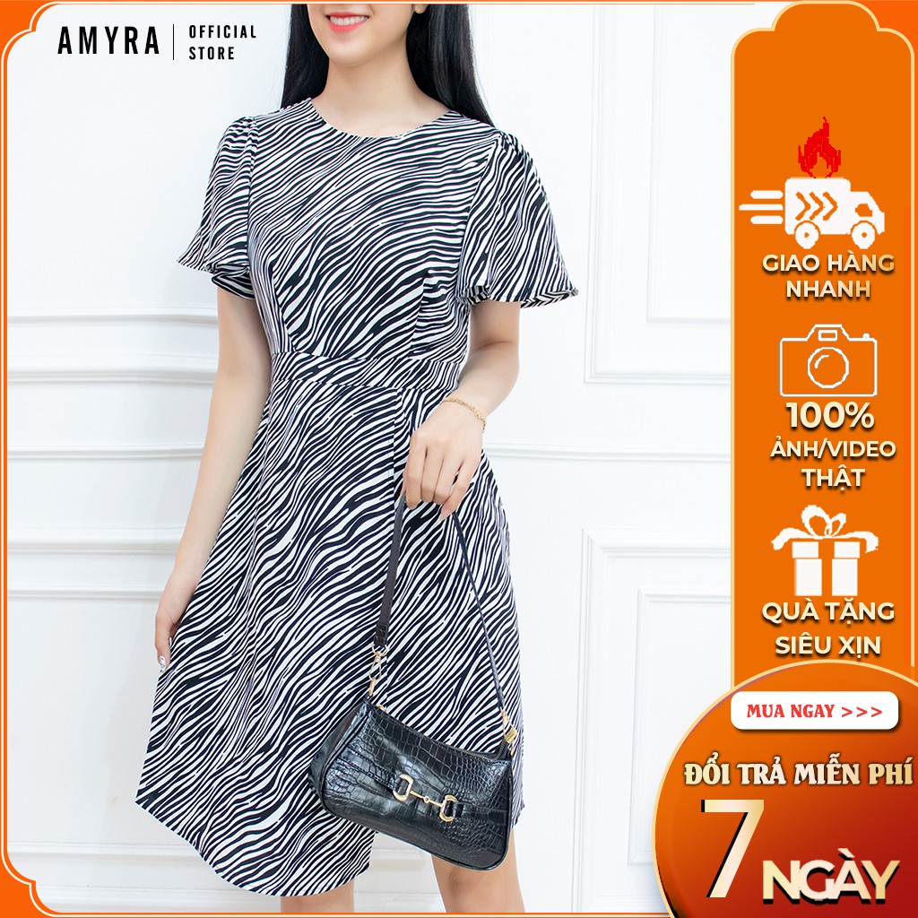 Đầm nữ đầm dáng xòe AMYRA cổ tròn tay ngắn cánh tiên thiết kế vạc tà che bụng đi tiệc - DA030