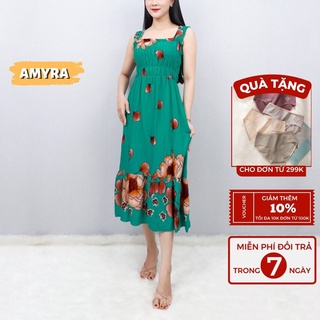 Đầm maxi đi biển lanh thái 2 dây bản to họa tiết mới lạ AMYRA - Váy hai dây bản to đi biển, đi chơi đều được Va195