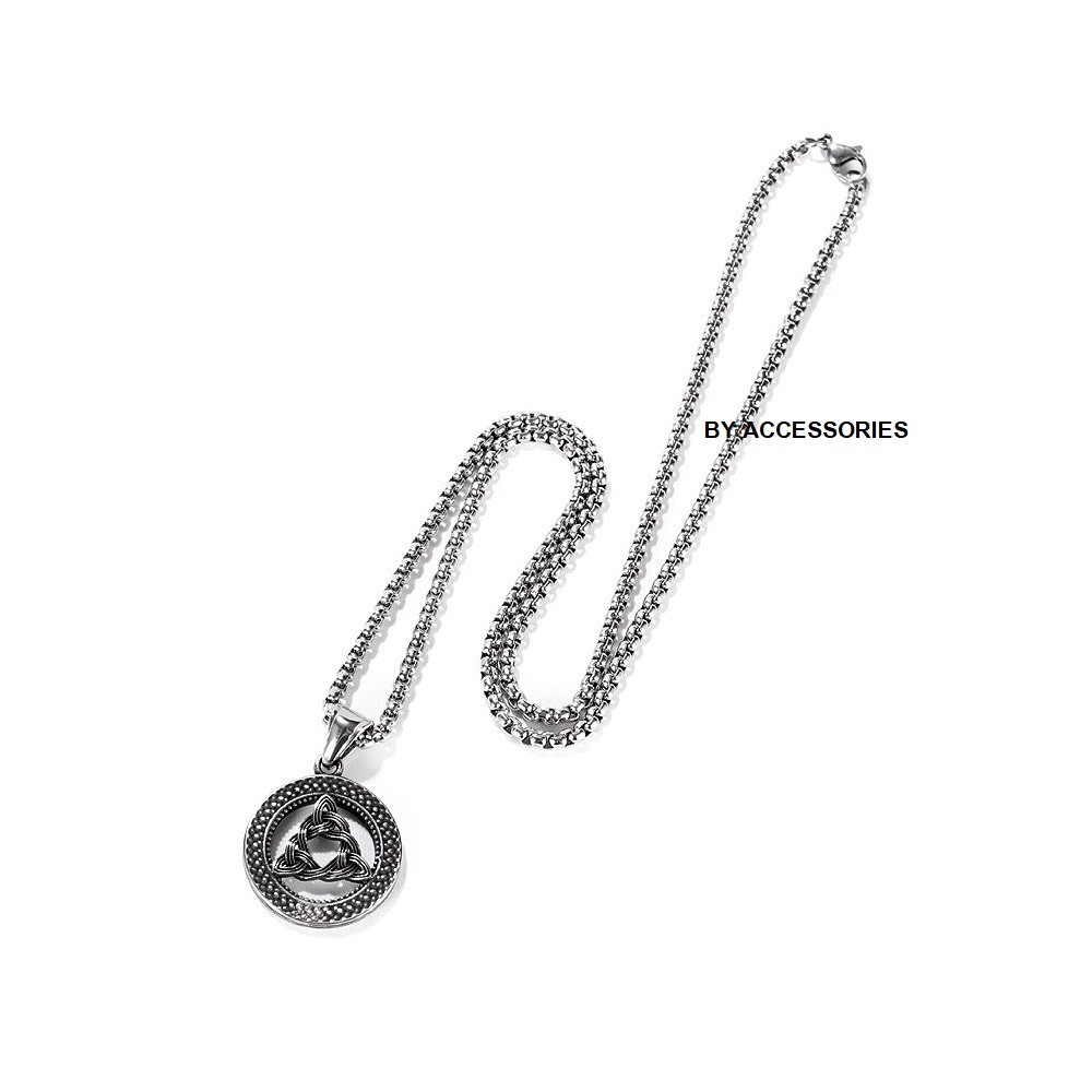 Dây chuyền titan mặt tròn phối tam giác đan rỗng không gỉ