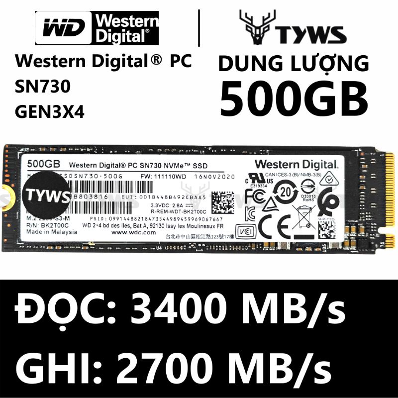 Ổ Cứng SSD Western Digital PC SN730 500GB M.2 NVMe Gen3 ×4