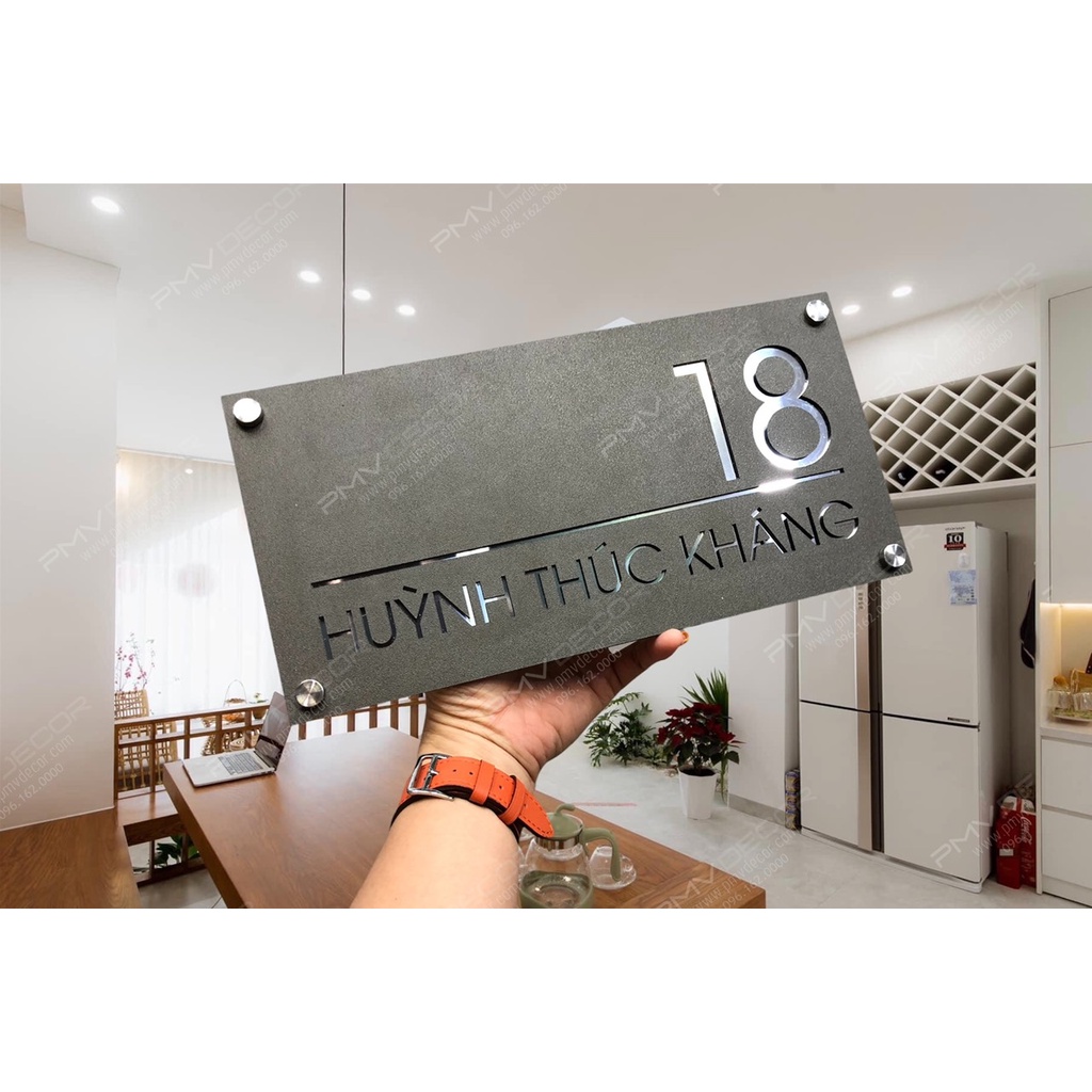 BẢNG, BIỂN SỐ NHÀ. Alcorest gương trắng + mica cán ghi sần, số chìm, ngoài trời, sang trọng tinh tế. BSN-PMV230