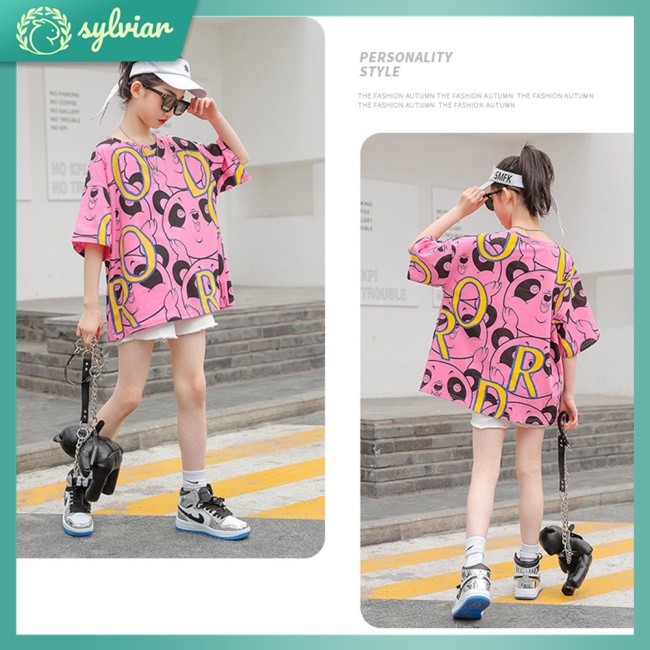 [sylviar] Girls  T-shirt Summer Cotton Cartoon Panda Print Crew-neck Short-sleeved Loose Top For 4-10 Years Old