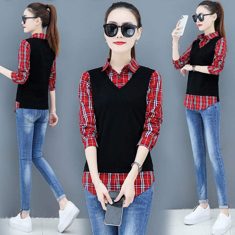 Áo sơ mi tay dài giả hai lớp thời trang xuân thu cho nữ