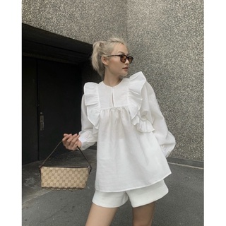 Set áo trắng đũi BBD bèo kèm quần short trắng vaot xốp lưng thun sau freesize Pumi