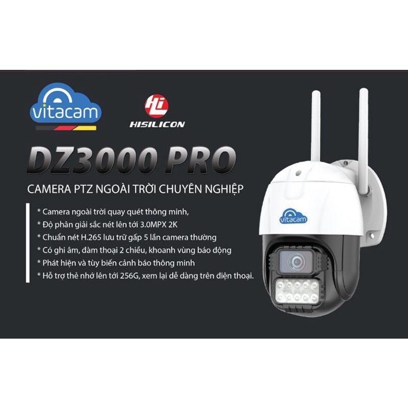 Camera IP Wifi Ngoài trời Vitacam DZ3000 Pro 3MPX 4 LED trợ sáng, 4 LED hồng ngoại, đàm thoại 2 chiều Bảo Hành 1 năm