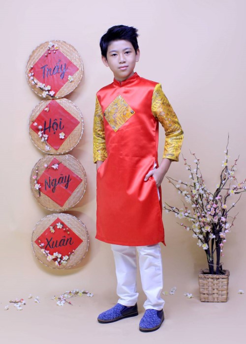 Áo dài bé trai phối rồng vàng may mắn đỏ TAD014 Jadiny