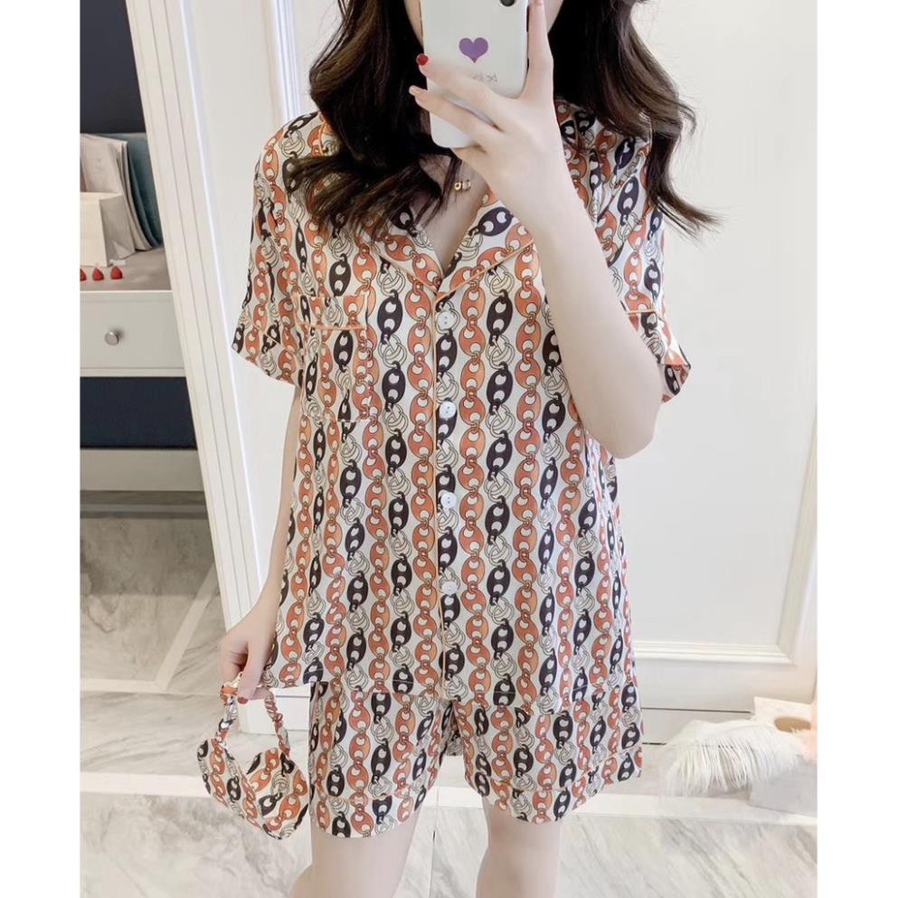 Bộ ngủ lụa Pizama hoạ tiết Vơ sạc kèm turban hàng cao cấp