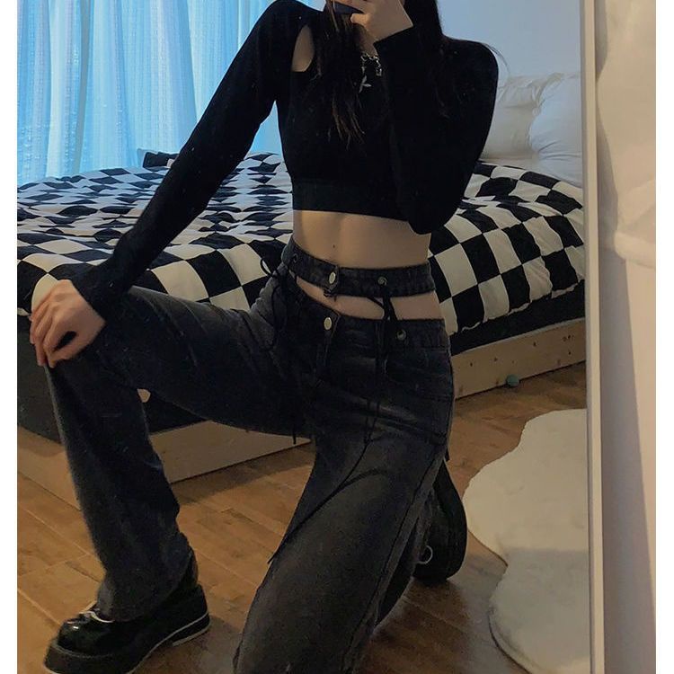 Jiashucheng Quần Jeans Ống Loe Lưng Cao Tháo Rời Được Thiết Kế Retro Mùa Hè