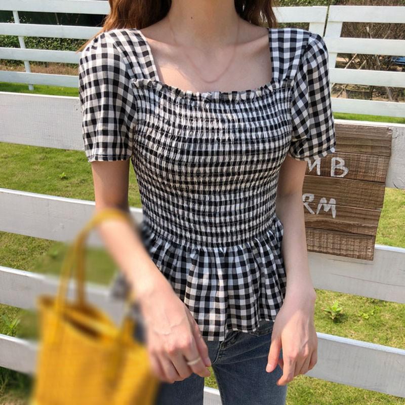 [Mã FAMAYWA giảm 10K đơn 50K] Áo Kiểu Tay Ngắn Cổ Vuông Hoạ Tiết Kẻ Sọc Phong Cách Hàn Quốc | BigBuy360 - bigbuy360.vn