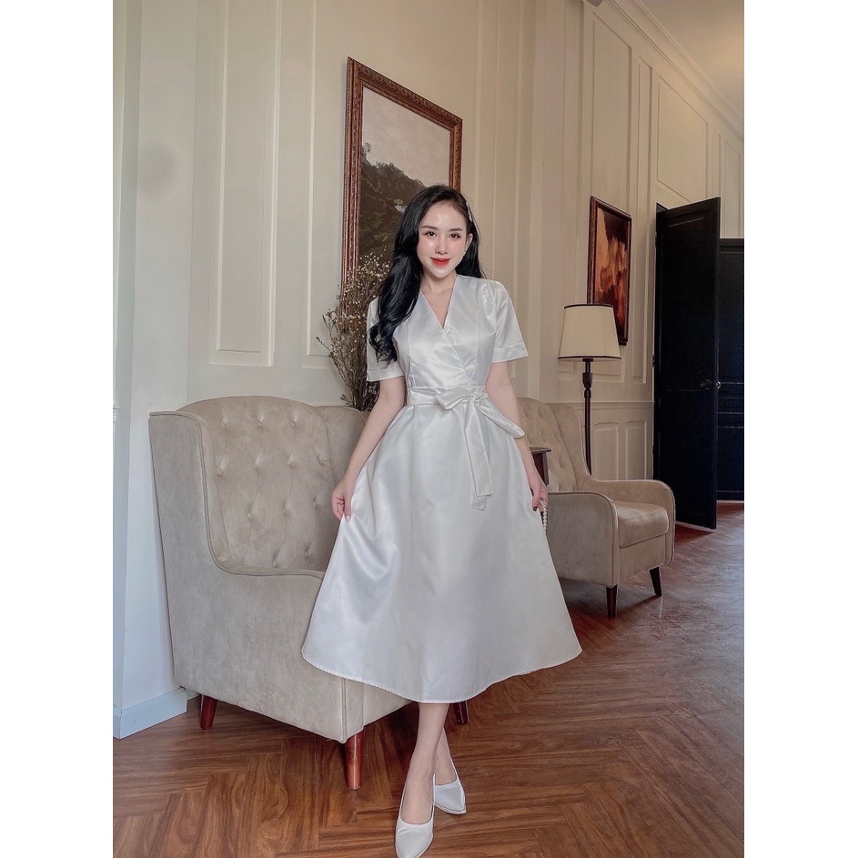 [Hỏa Tốc] Đầm dự tiệc trắng xoè đắp chéo - Maxi Ngọc Lan
