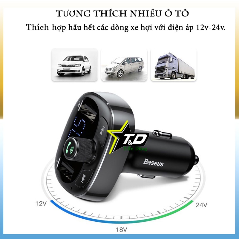 Tẩu sạc đa năng trên xe hơi BASEUS S09 T-Typed Wireless MP3 Car Charger (3.4A Dual USB PortBluetooth MP3 TF Card/FM) kết