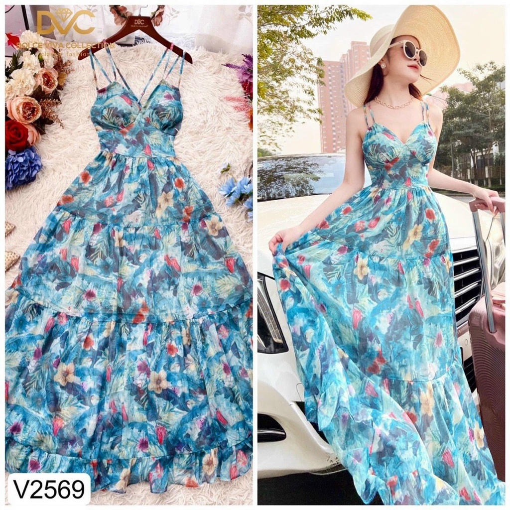 ĐẦM MAXI HOA CHIẾT EO 2 DÂY ĐAN CHÉO TÔN DÁNG PHÙ HỢP ĐI BIỂN