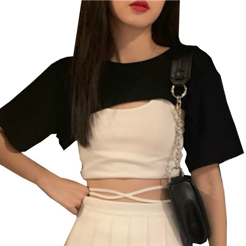 Set áo croptop ngắn + áo cột dây