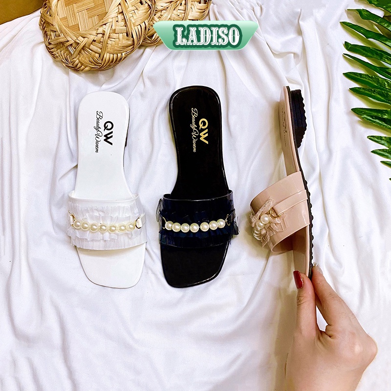 Dép quai ngang nữ LADISO phối ren nhún bèo kết ngọc mẫu mới cực xinh - TT348