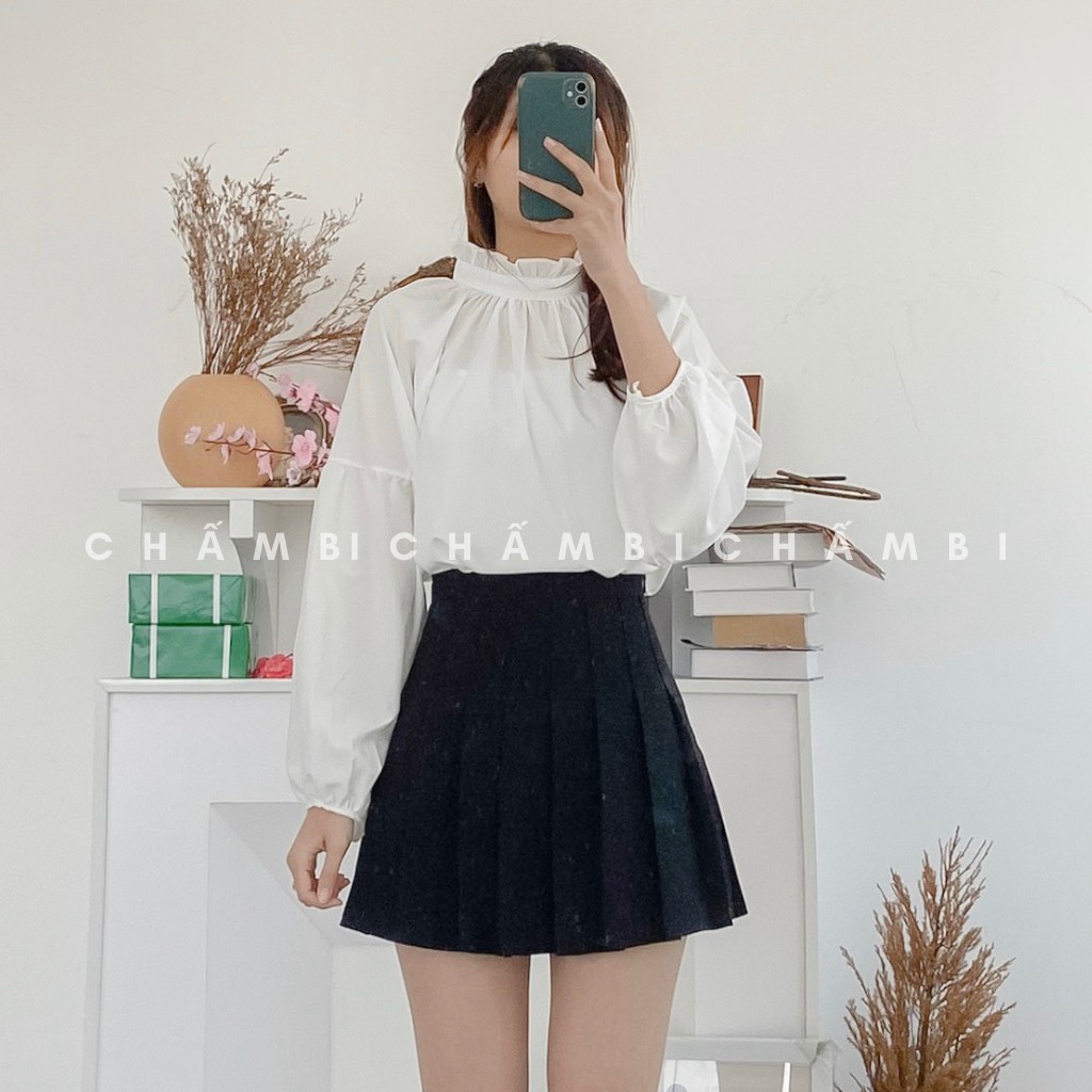 Áo Kiểu Cổ Bèo Bo Cúc Sau Chất Voan Lụa Mềm Mại Freesize - A.120