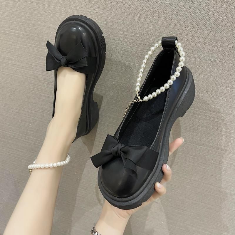 Giày Da Đế Dày Đính Nơ Ngọc Trai Phong Cách Lolita Dễ Phối Đồ Dành Cho Nữ