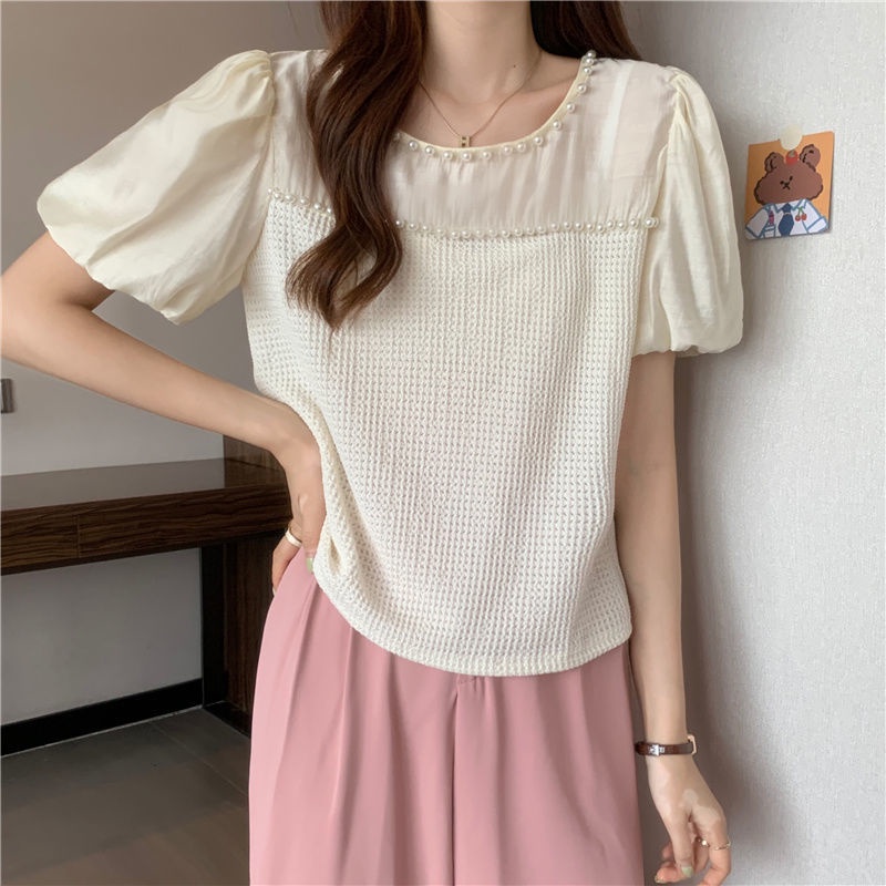 Áo Kiểu Tay Phồng Phối Lưới Đính Ngọc Trai Thiết Kế Mới Thời Trang Mùa Hè Cho Nữ