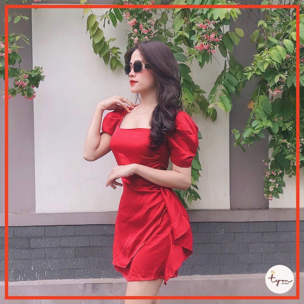 Đầm lụa satin cổ vuông tay phồng, gấp nếp hông xoắn eo tôn dáng, kèm mút | Free size (40-55kg) | - TYM11 | BigBuy360 - bigbuy360.vn