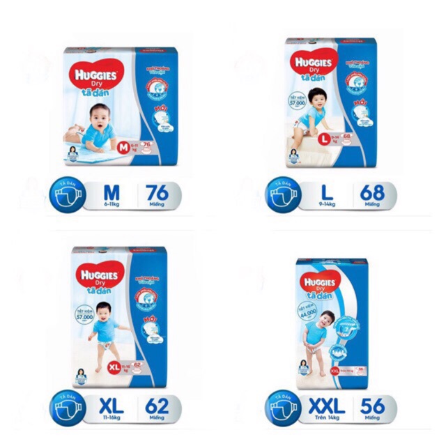 (Cộng miếng) Tã dán/quần  Huggies đủ size M74/L68/XL62/XXL56 muếng