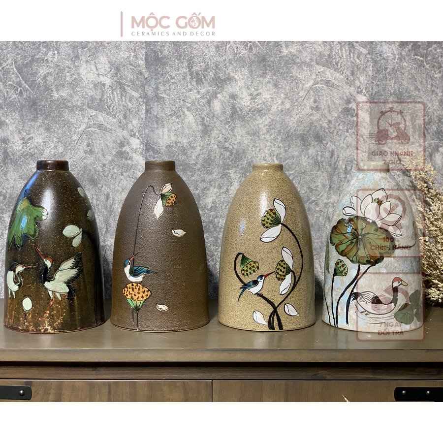 Bình gốm Bát Tràng họa tiết vẽ tay hoa sen cắm hoa decor đẹp Mộc Gốm MG117