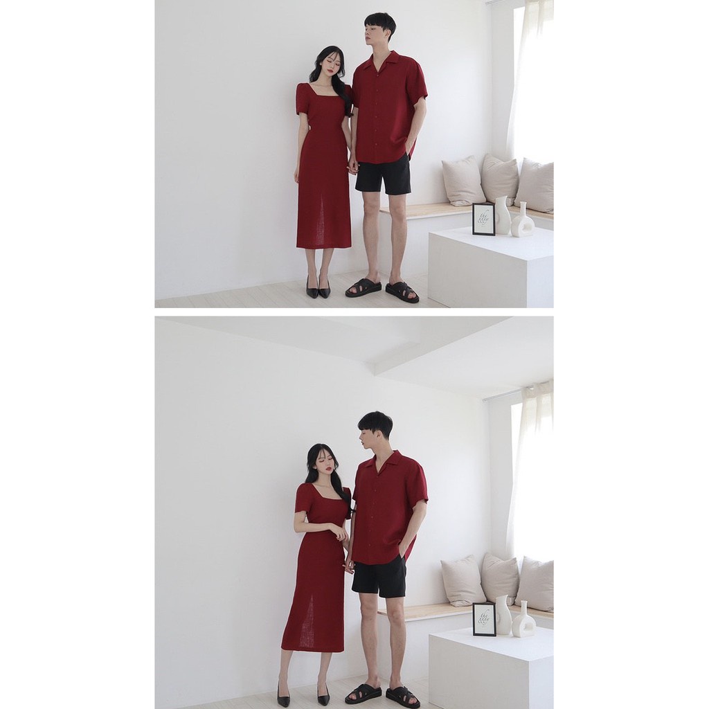 Áo đôi nam nữ 🌼FREESHIP🌼 Áo váy đôi sơ mi đầm xẻ tà thắt eo dễ thương chụp ảnh đi biển đỏ cổ vuông