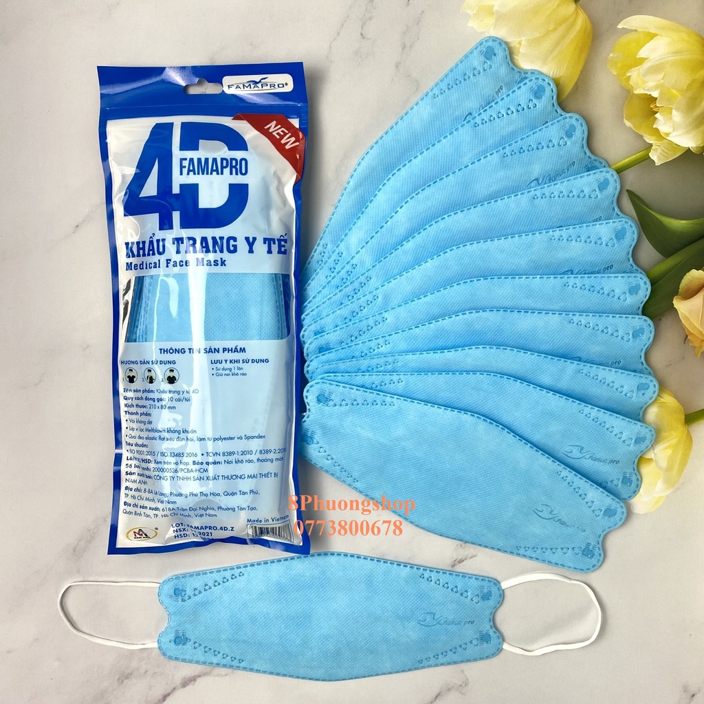 10 Cái Khẩu Trang 4D FAMAPRO DẠNG TÚI Chính Hãng Nam Anh 4 Lớp Kháng Khuẩn