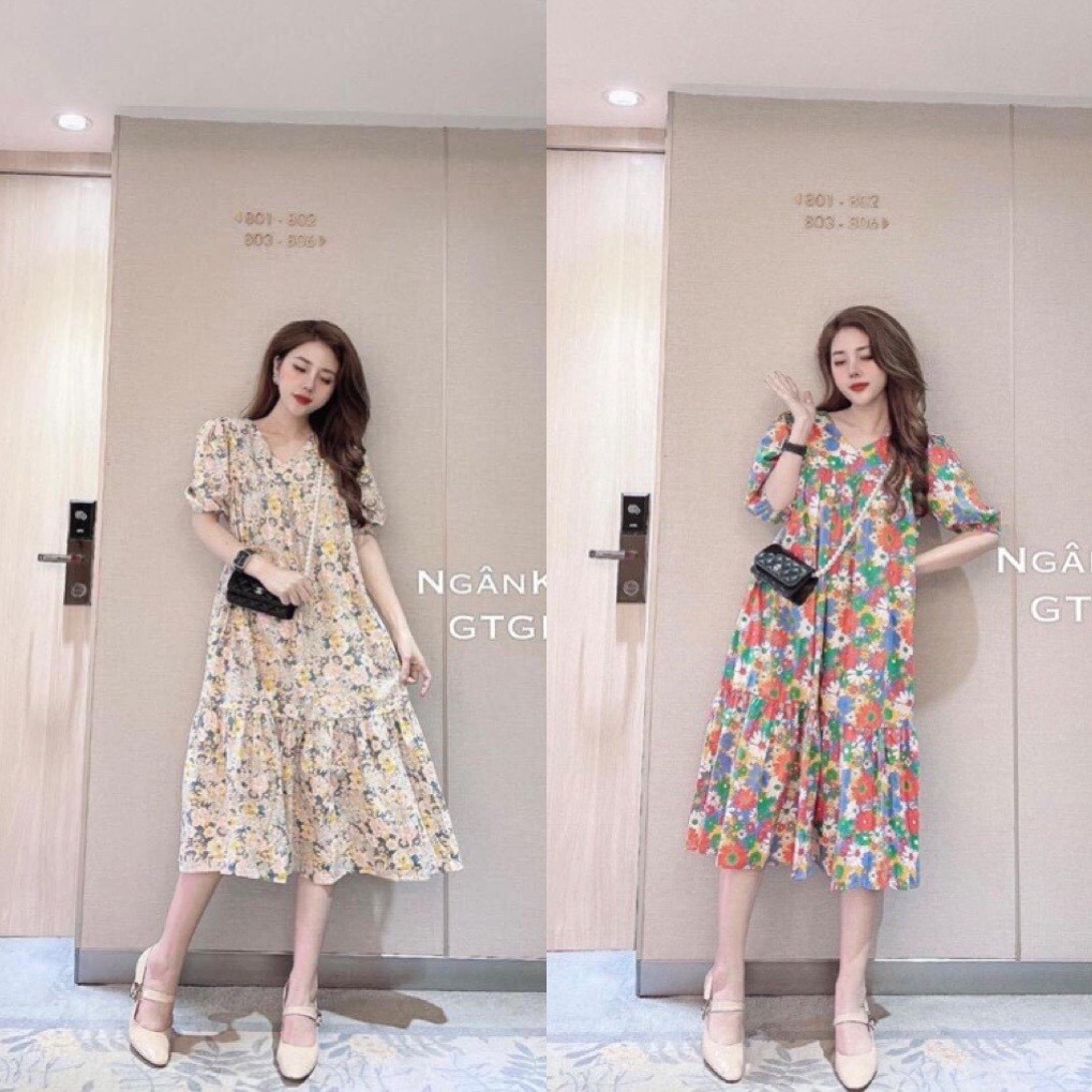 Váy bầu hoa nhí phong cách vintage, đầm bầu thiết kế siêu xinh V271