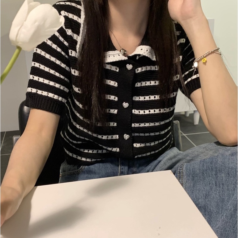 Áo croptop ZHELIHANGFEI dệt kim cổ polo tay ngắn kẻ sọc thiết kế trẻ trung cá tính dành cho nữ