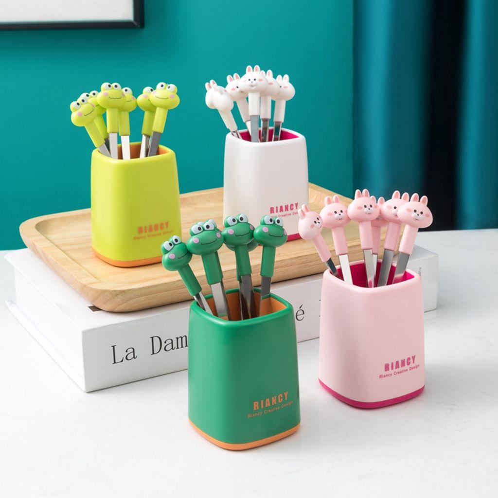 1 Bộ Nĩa Ăn Trái Cây Bằng Thép Không Gỉ Tay Cầm Mềm Hình Thỏ / Ếch Dễ Thương