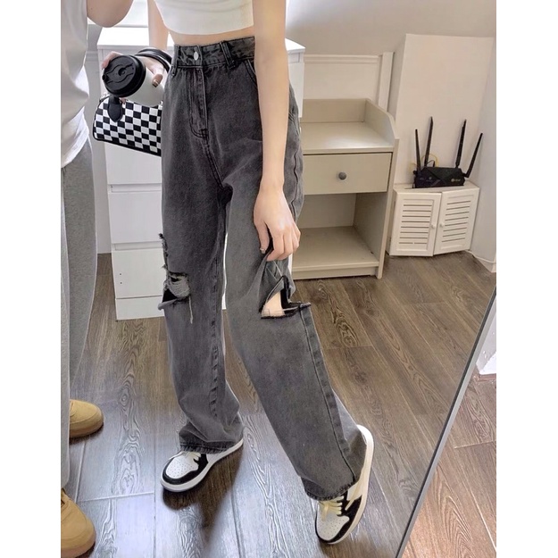 Quần jeans lưng cao quần bò ống rộng dài gần 100cm