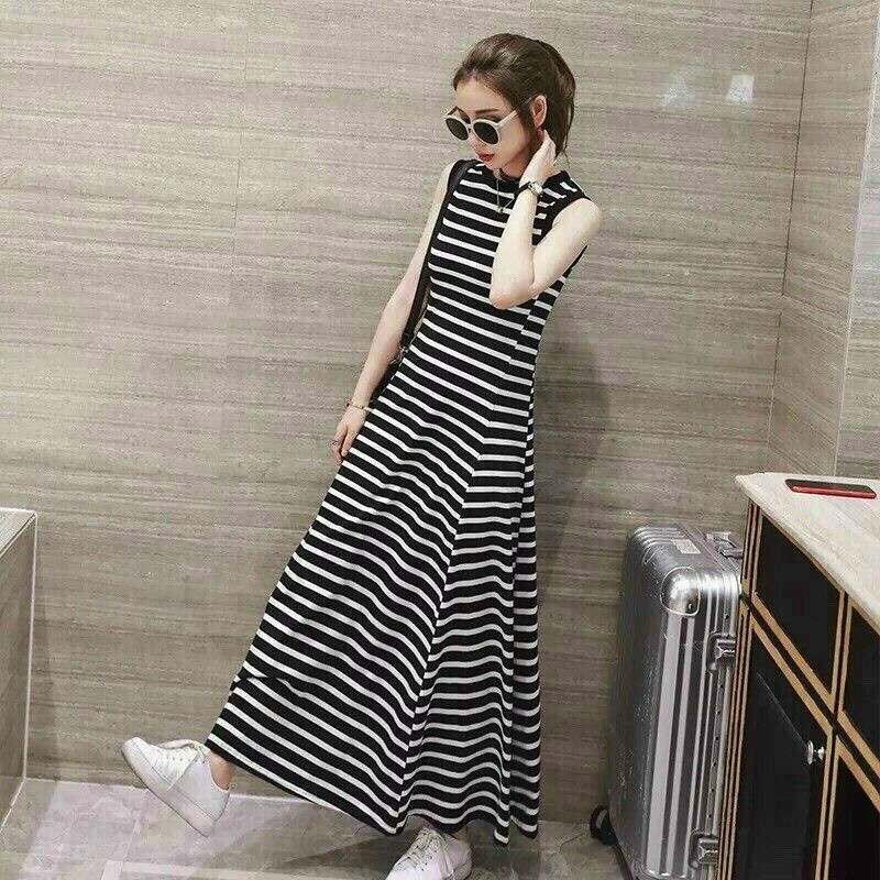 Đầm maxi đi biển dáng dài thun sọc viền bo co giãn tốt size M L Xl