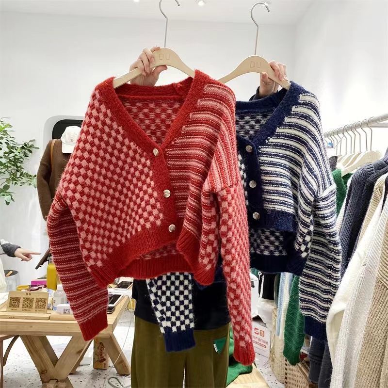Áo Sweater Tay Dài Họa Tiết Sọc Caro Áo Khoác Dệt Kim Màu Sắc Tương Phản Thời Trang Mùa Thu Cho Nữ
