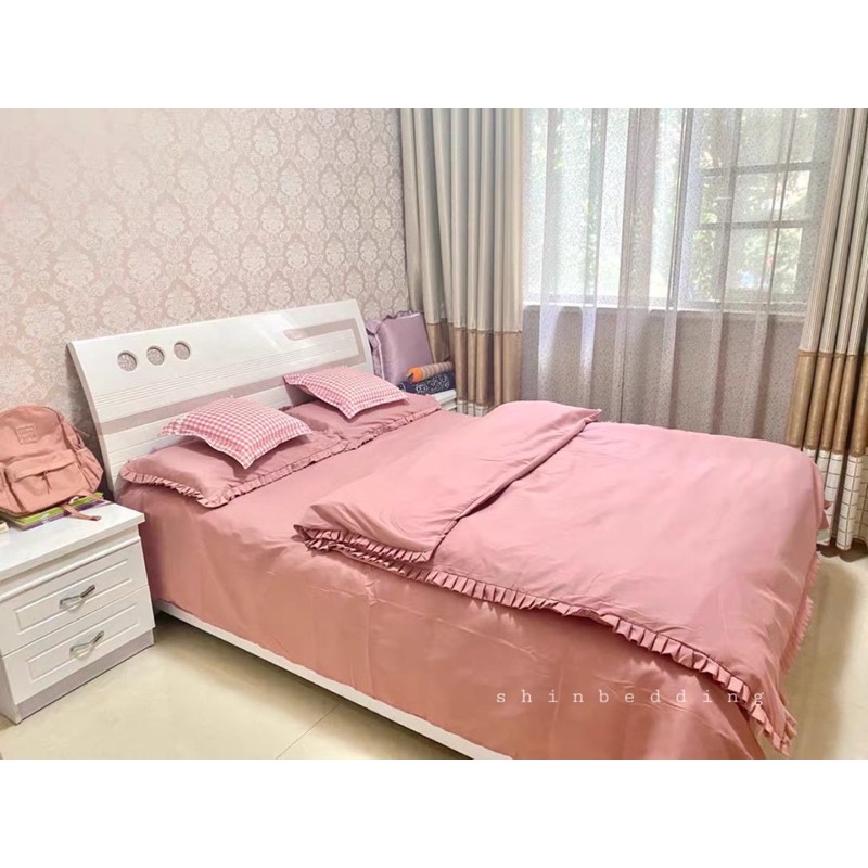 Set Chăn Ga Cotton TC Viền Bèo Hồng Đất Mềm Mại Thoáng Mát Siêu Bền Đẹp (Shinbedding.shop)