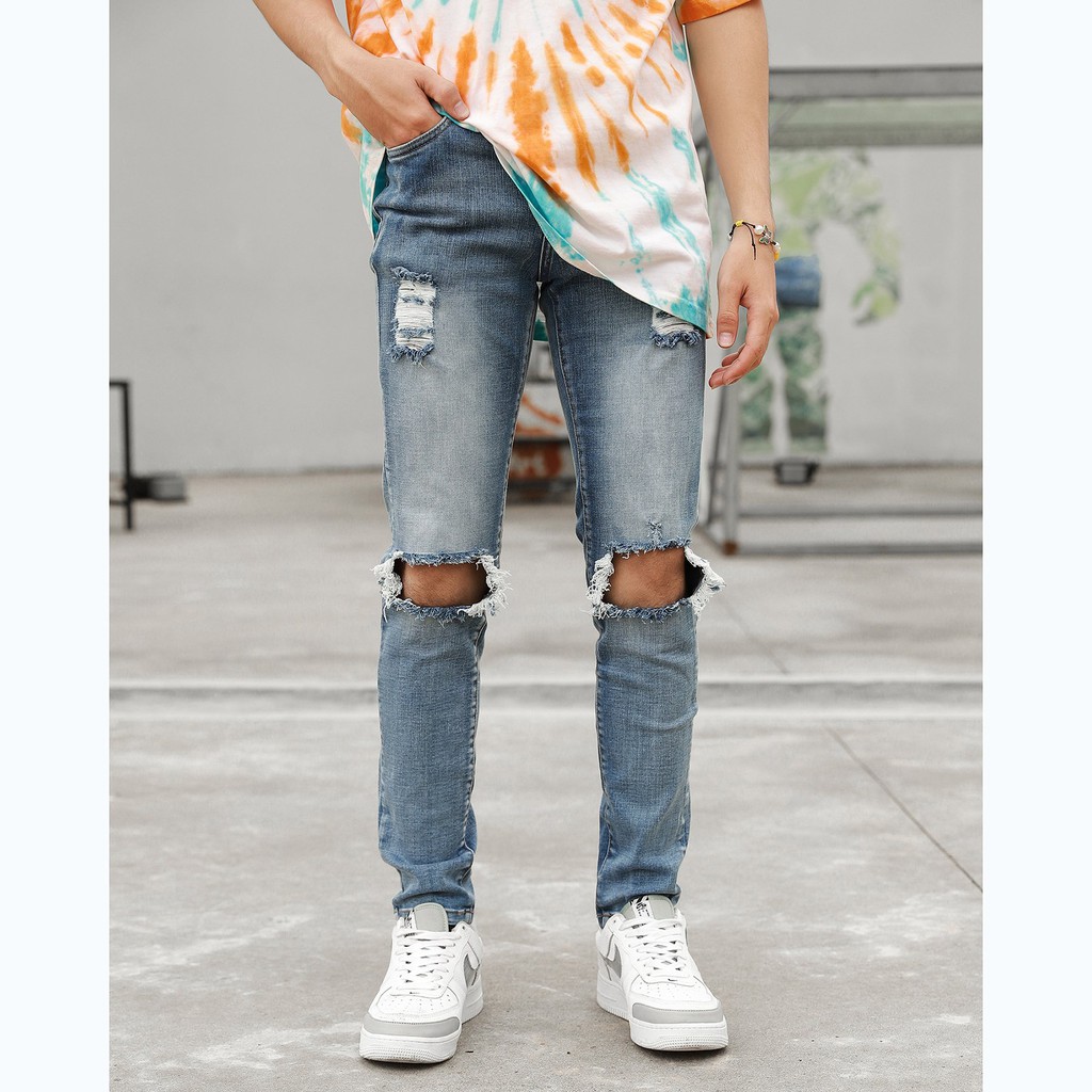 Quần Skinny Jeans Nam-Màu Xanh Đậm-Rách Gối To-Chất Liệu Cotton Co Giãn-Ống Đứng Dáng-Ống Ôm Chân Chuẩn Skinny | BigBuy360 - bigbuy360.vn