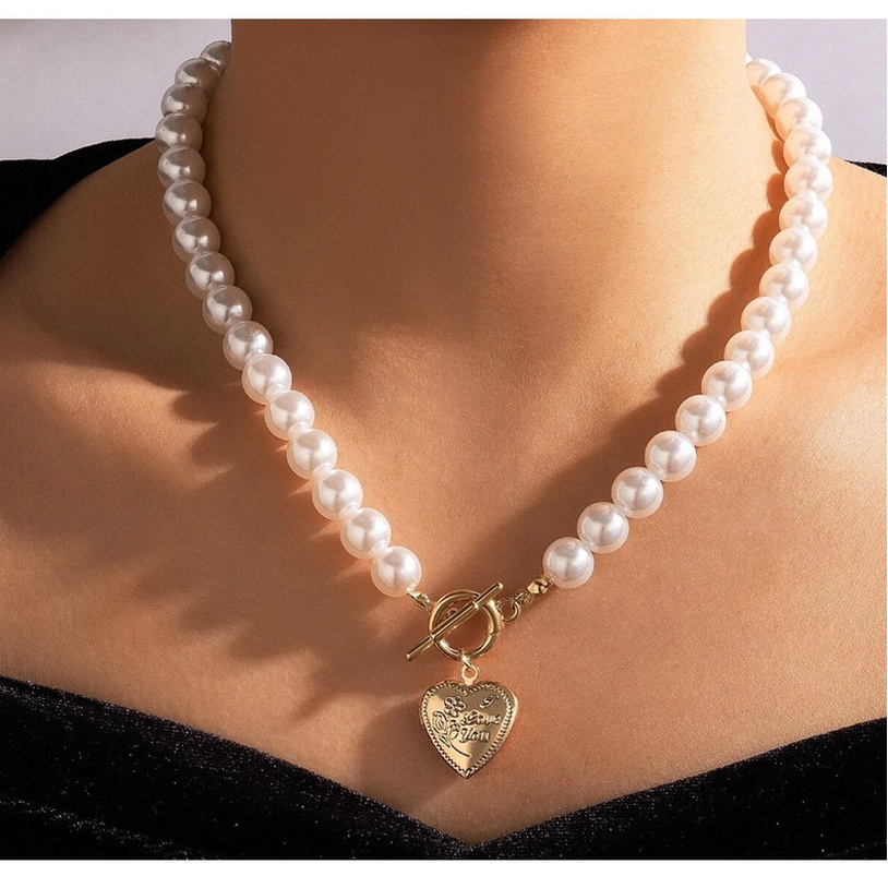 Vòng cổ mặt hình trái tim đính ngọc trai nhân tạo thời trang