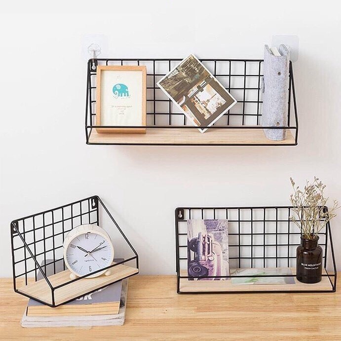 Kệ dán tường để đồ, Kệ Sắt Đáy Gỗ ,Trang Trí Nhà Cửa ,Decor Phòng, Giá Để Đồ Treo Tường Đa Năng Tặng Đinh, Miếng Dán