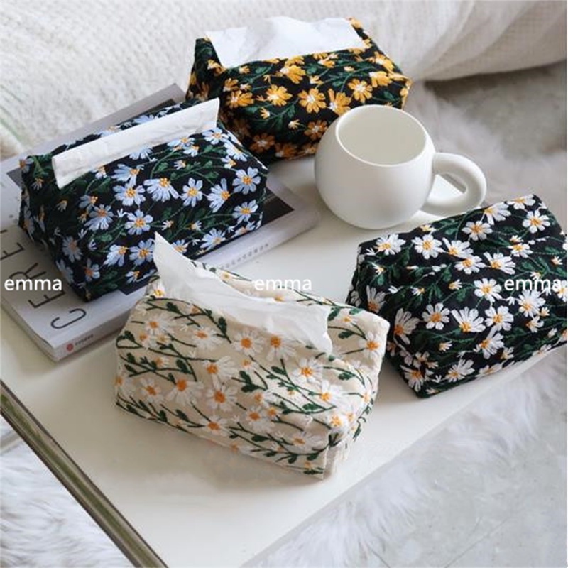 Túi Đựng Khăn Giấy Bằng Vải Cotton Lanh Thêu Họa Tiết Hoa Cúc