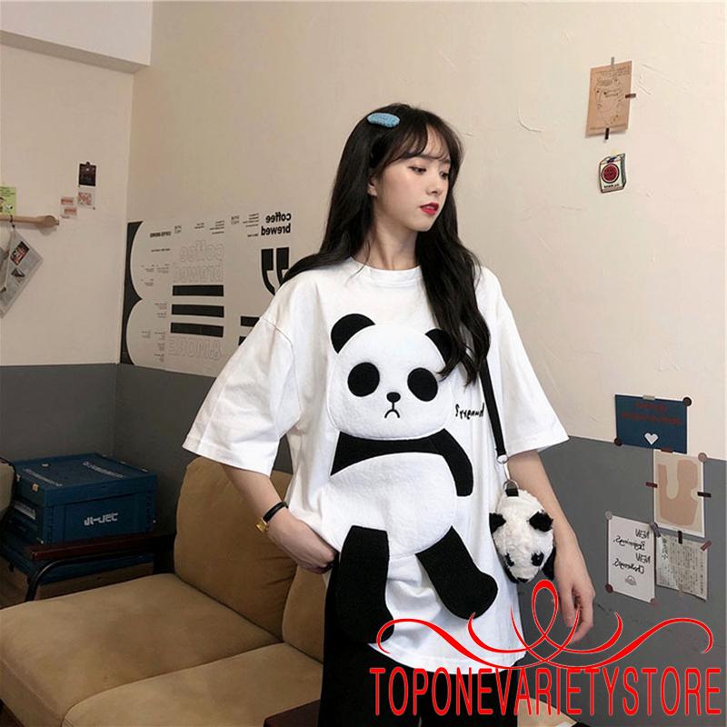 Áo thun tay ngắn cổ tròn thêu họa tiết gấu trúc hoạt hình thời trang dành cho nữ