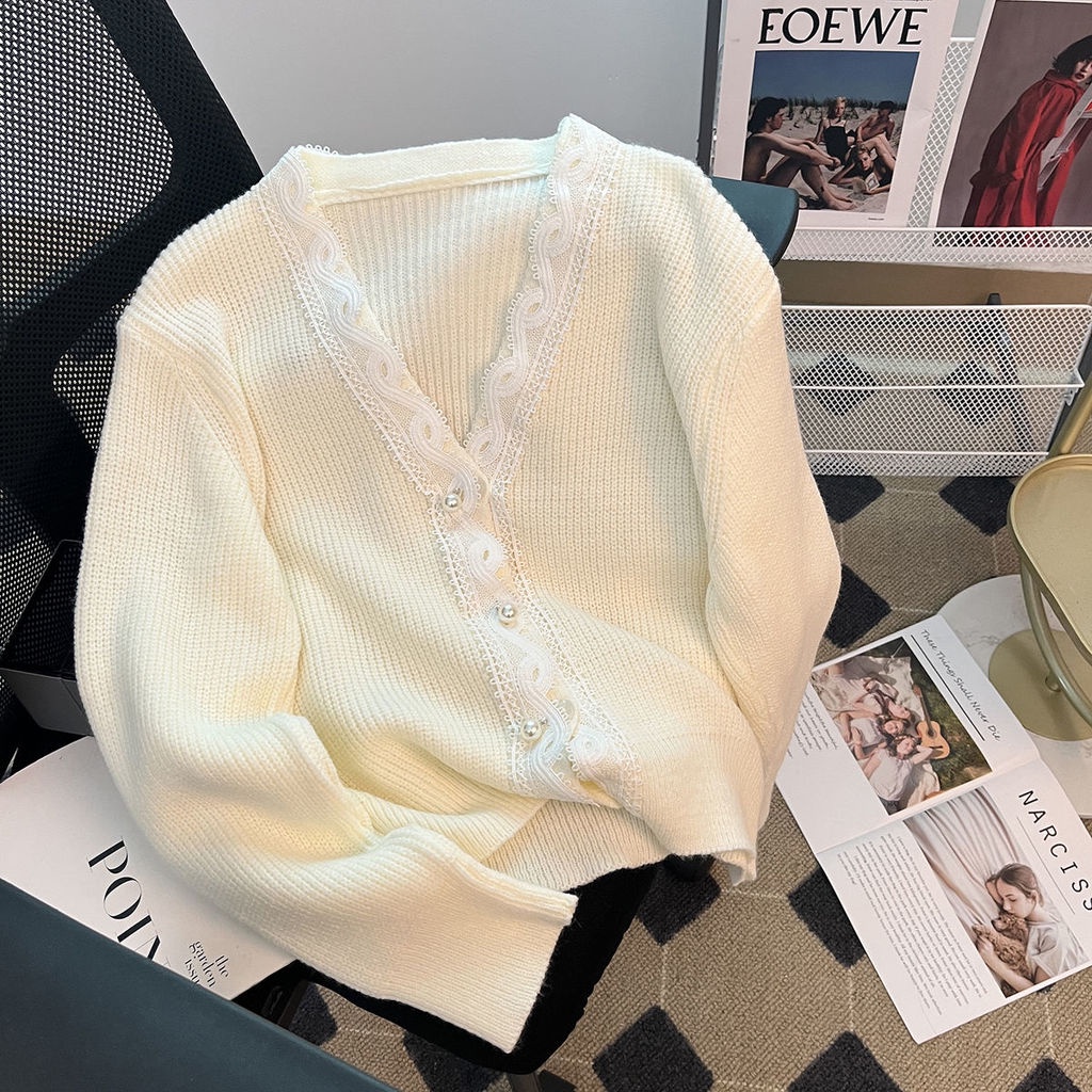 Áo Khoác Cardigan Dệt Kim Mỏng Mềm Mại Cổ Chữ V Phối Ren Thời Trang Xuân Thu Dành Cho Nữ