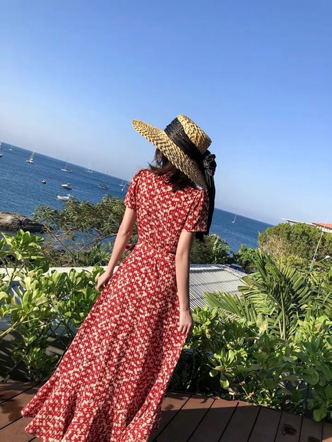 Váy maxi boho cổ V lệch tà cột eo đuôi tôm siêu xinh chất mát mang đi du lịch, đi chơi