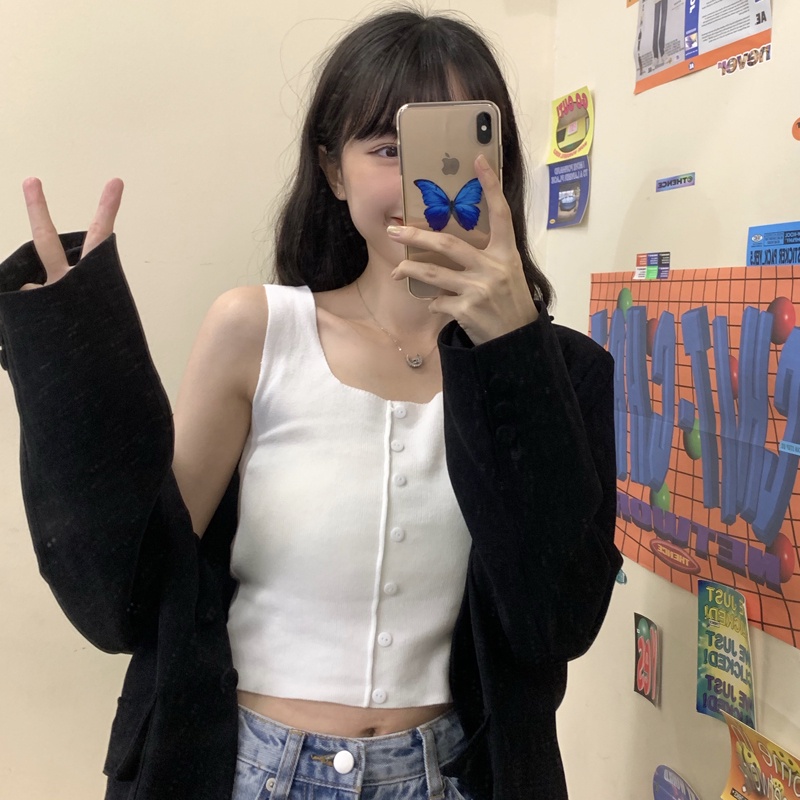 Áo lửng ZHELIHANGFEI dệt kim không tay hở rốn phối nút thời trang xuân hè dành cho nữ
