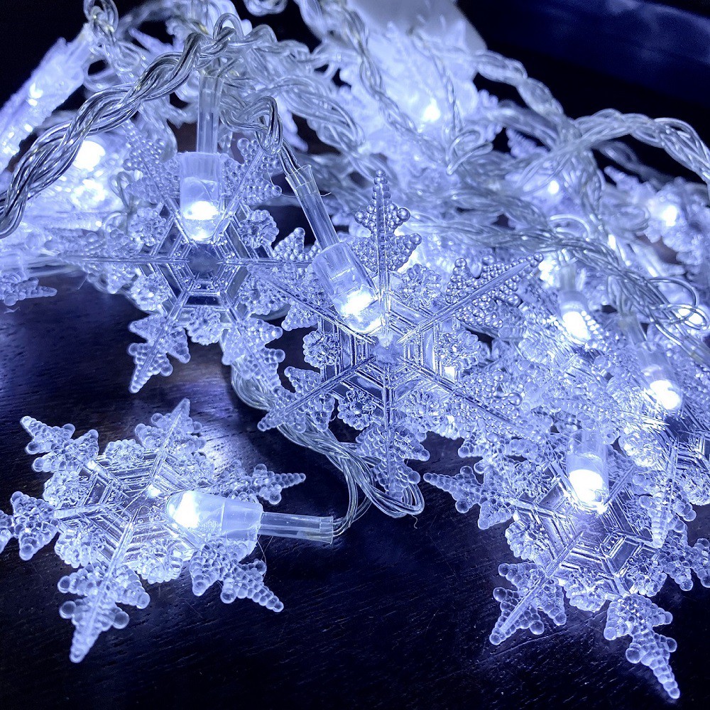 (Dùng Điện) Dây Đèn Led Hình Bông Tuyết Lớn 6cm Dài 5 Mét Ánh Sáng Trắng Trang Trí Giáng Sinh