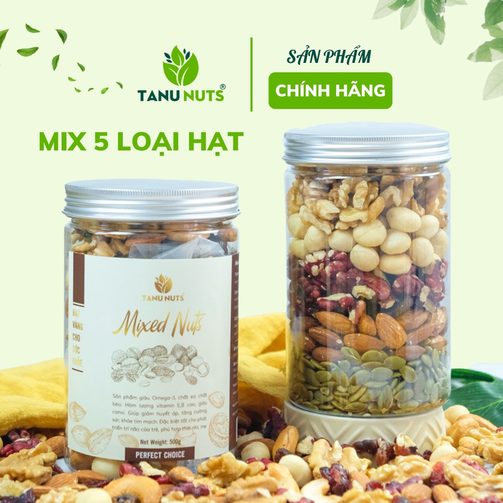 Hạt dinh dưỡng mix 5 loại TANU NUTS, hạt ngũ cốc dinh dưỡng cho bà bầu, ngũ cốc granola giảm cân không đường hũ 500g