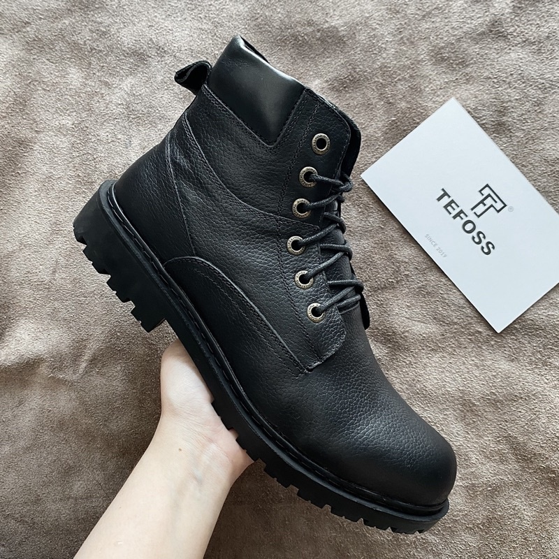 Giày Boots Nam Cao Cổ TEFOSS HN612 Đen Da Bò Thật size 38-44, đế cao su đúc nguyên khối khâu chắc chắn