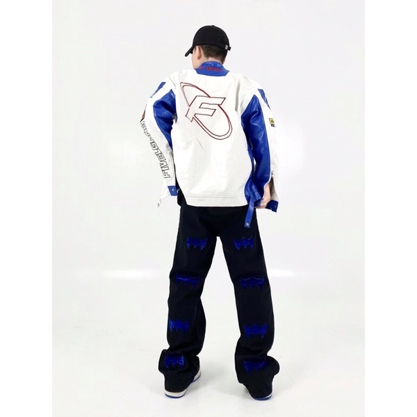 Quần Jean thêu hình con dơi xanh/ quần jean nam nữ ống đứng