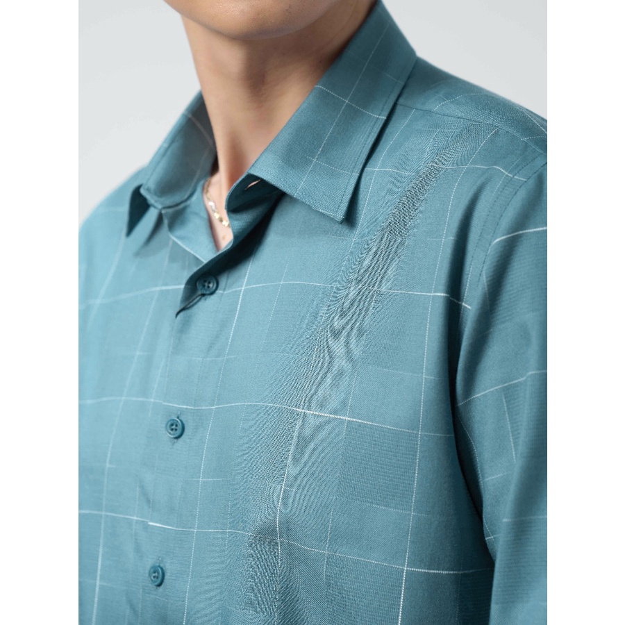 Áo Sơ Mi Nam Dài Tay OWEN AS220789D Somi Công Sở Vải Sợi Tre Cao Cấp Màu Xanh Đậm Kẻ Caro Trắng Dáng Ôm Không Túi